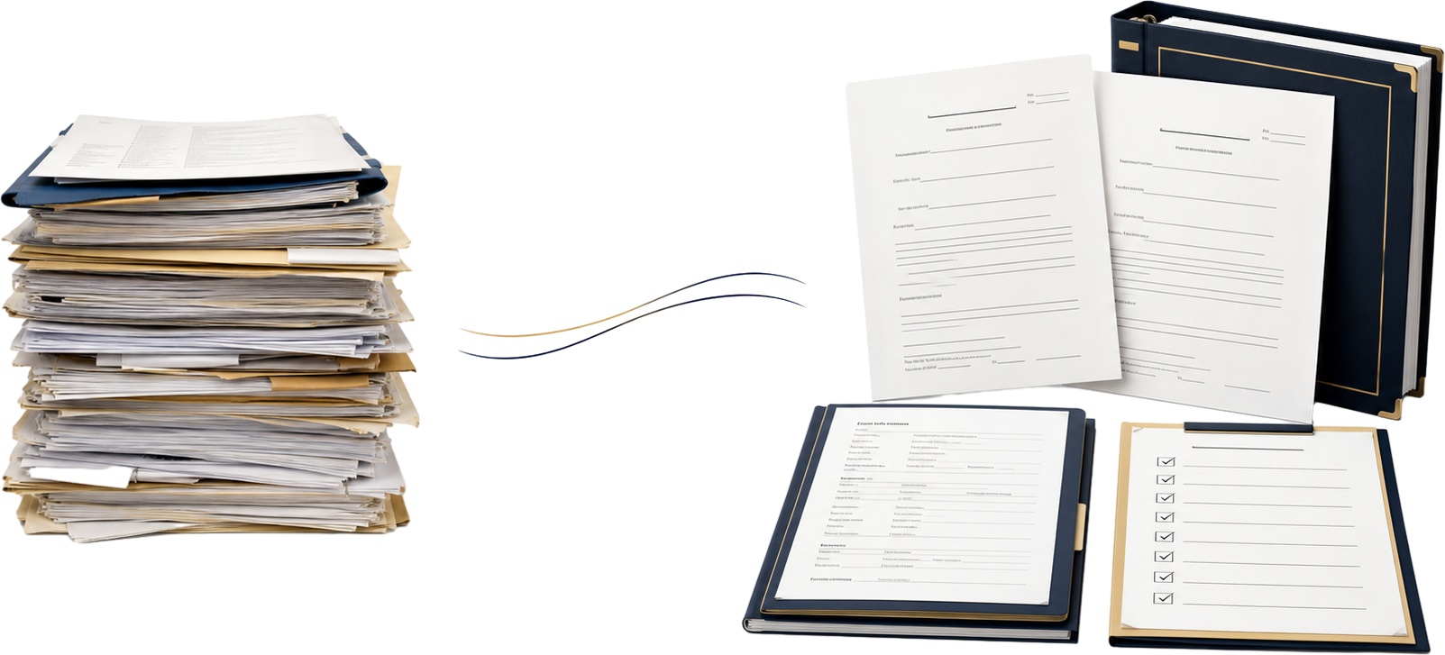 Messy stack of documents transformed into elegant, organized binders, files, and checklists.